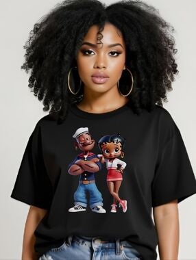 Gildan Black Tee with Colorful Cartoon Popeye And Betty Boop